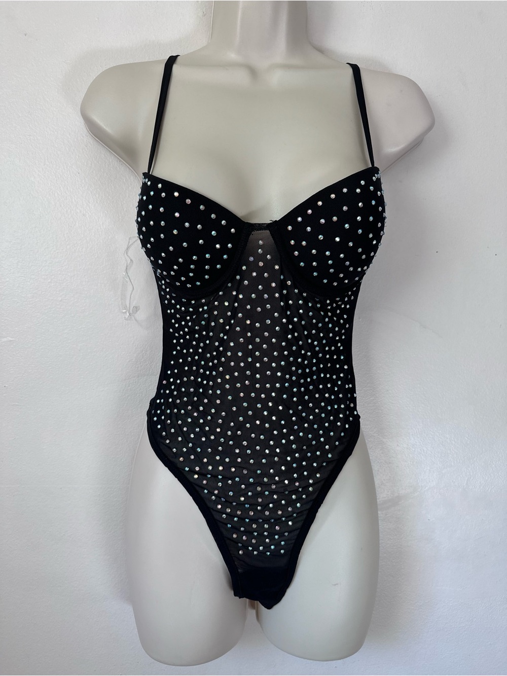 Black Rhinestone Mesh One-Piece Swimsuit